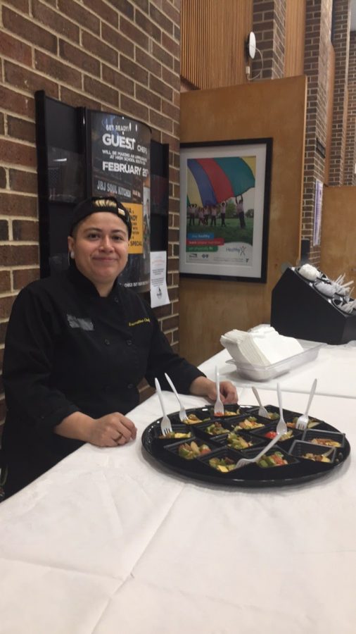 JBJ Soul Kitchens Executive Chef, Wendy Escobedo, aside a tray of free samples.