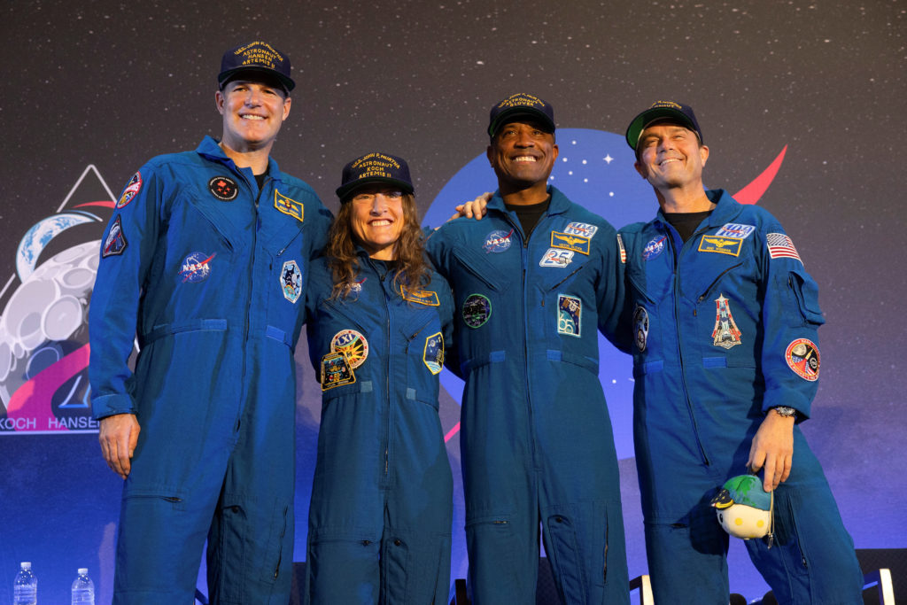 The Artemis II crew of NASA astronauts Christina Koch, Victor Glover, Reid Wiseman and Canadian Space Agency (CSA) astronaut Jeremy Hansen attend a press conference the day after splashing down in the Pacific Ocean, at Ellington Field Joint Reserve Base in Houston, Texas, U.S. April 11, 2026. REUTERS/Lexi Parra